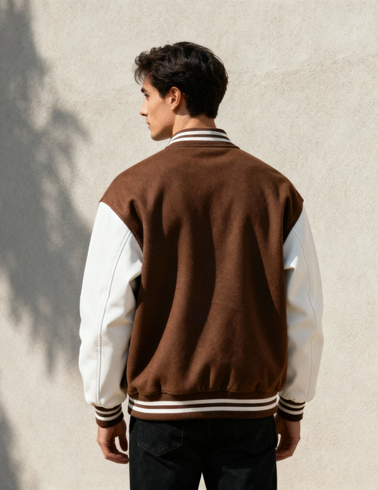 Person wearing a brown and white varsity jacket against a plain wall.