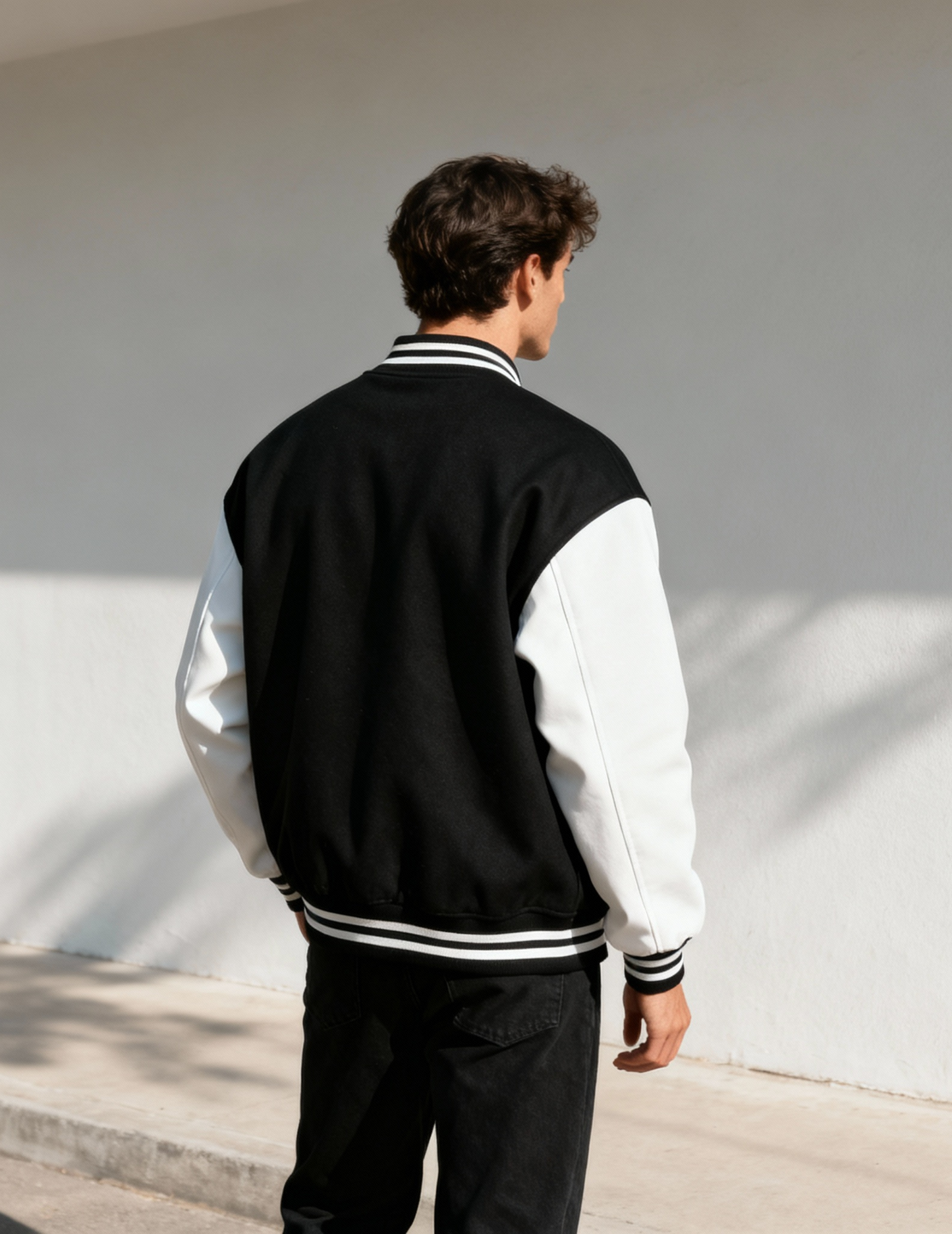 Person wearing a black and white varsity jacket against a plain wall.