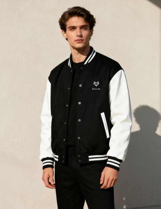 Man wearing a black and white varsity jacket with a logo on a beige background