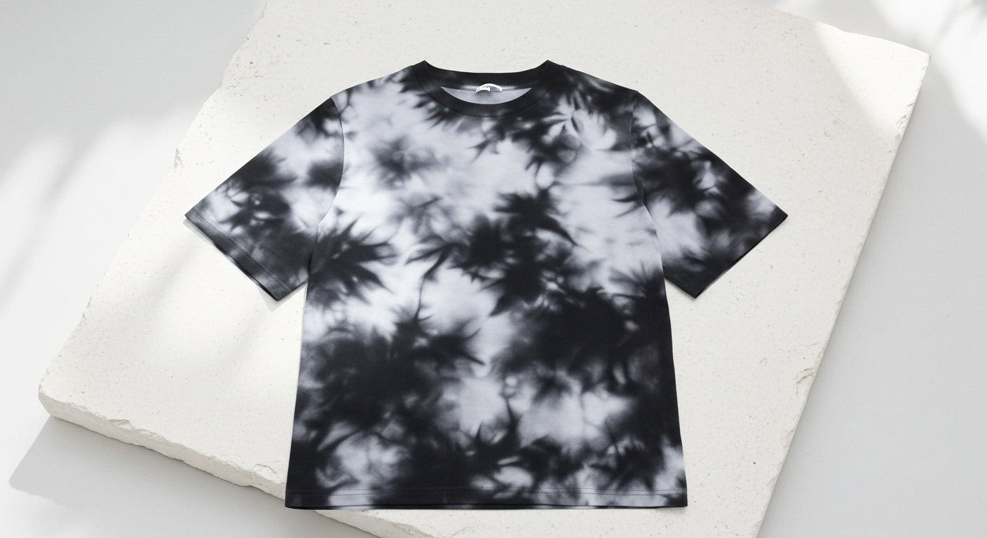 Black and white tie-dye t-shirt on a white background