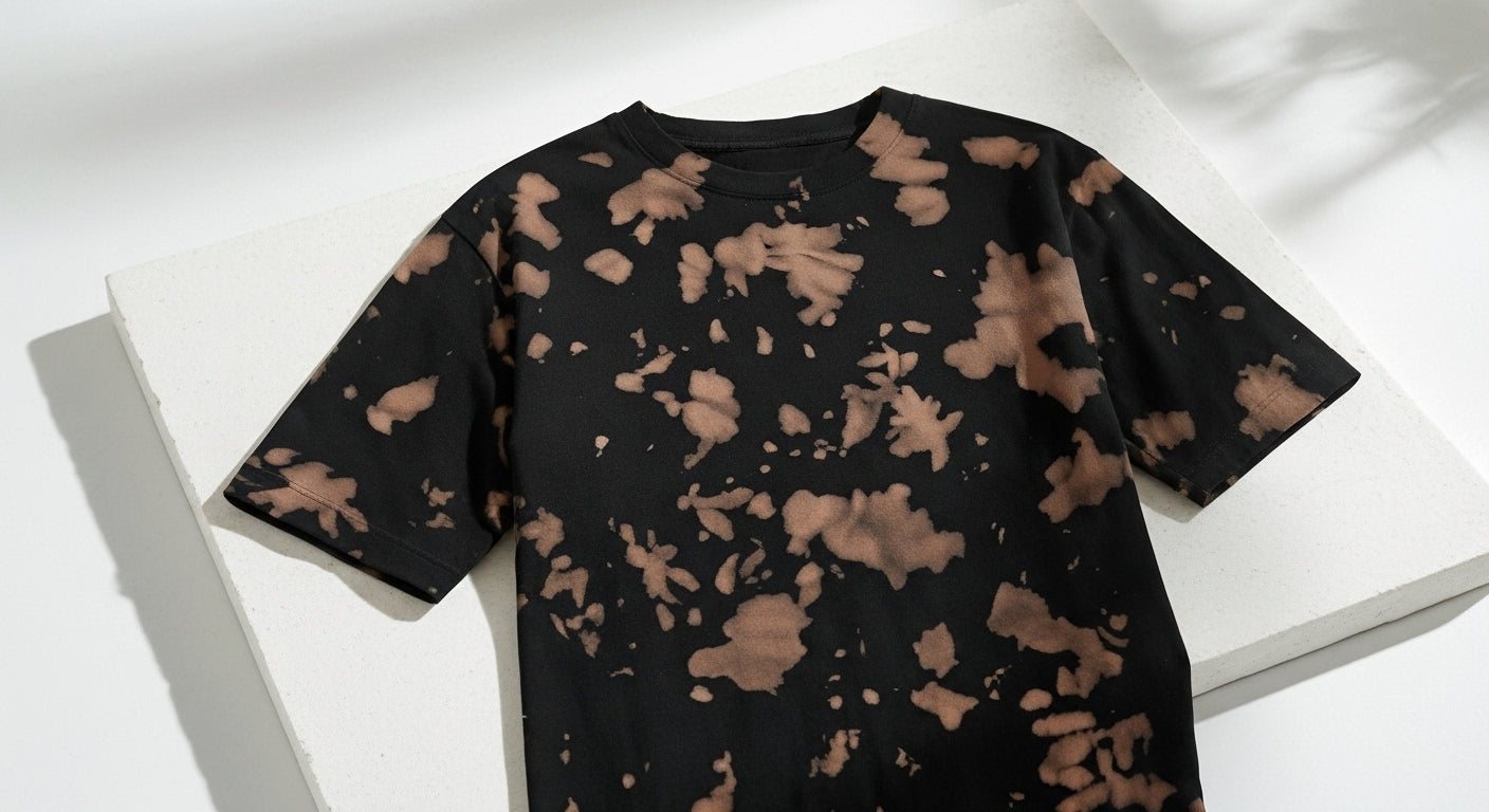 Black t-shirt with brown abstract pattern on a white background