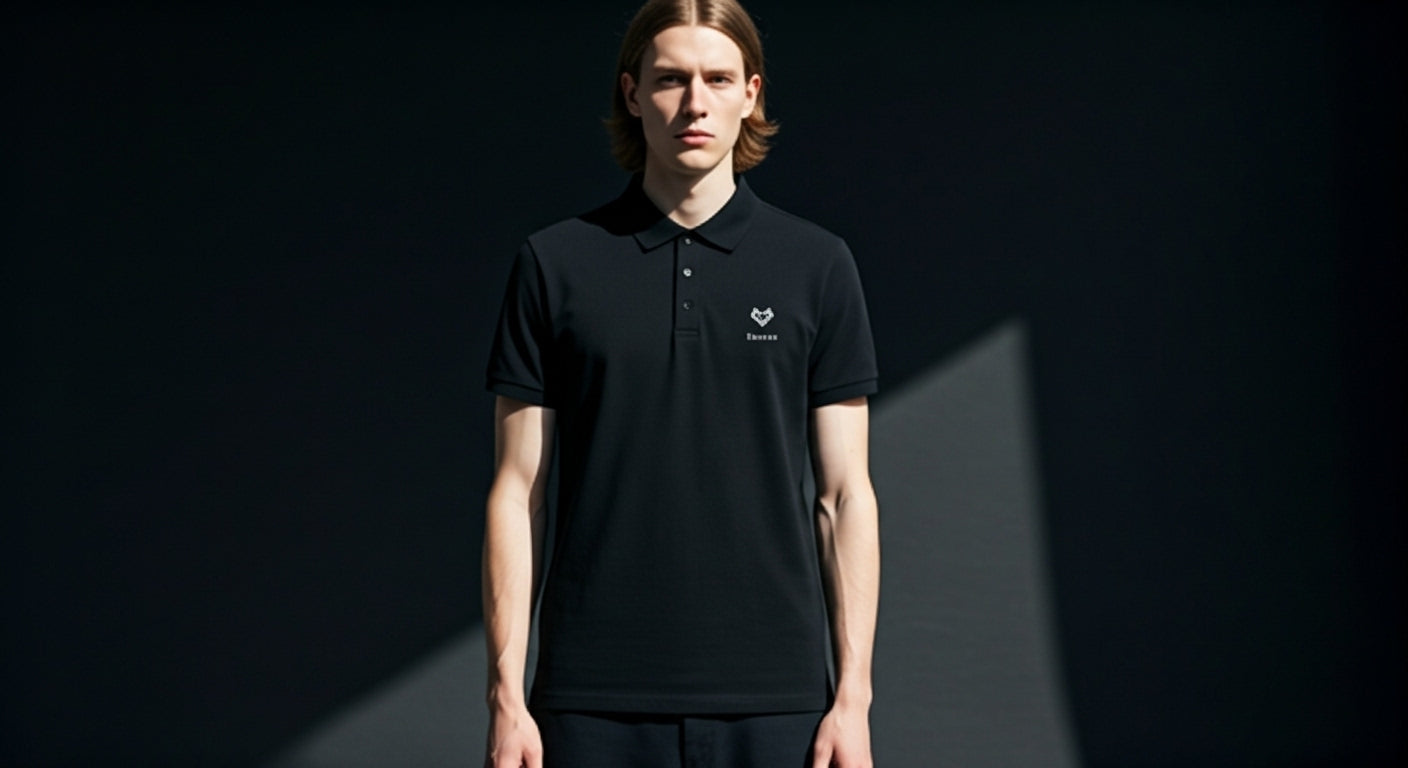 Person wearing a black polo shirt with a logo on a dark background