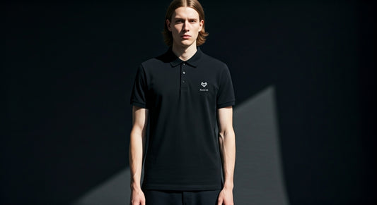 Person wearing a black polo shirt with a logo on a dark background