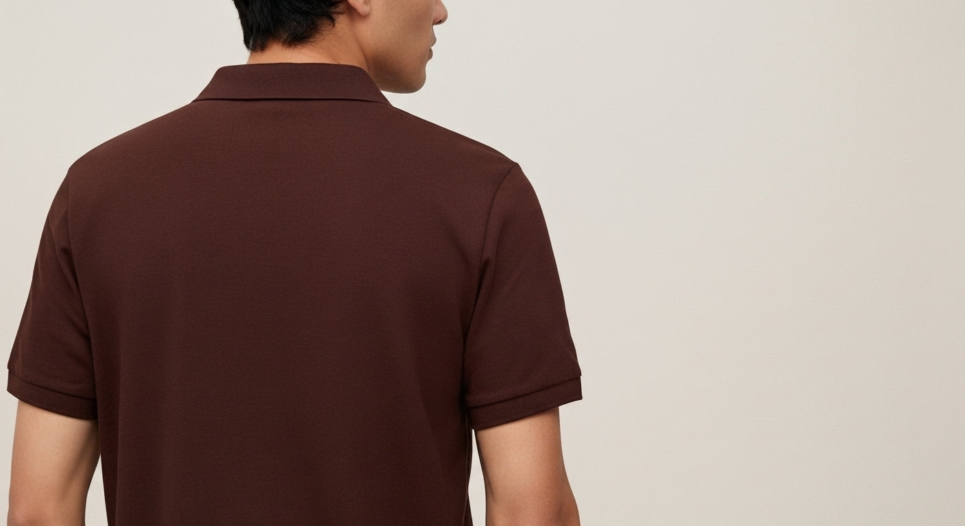 Man wearing a brown polo shirt against a plain background