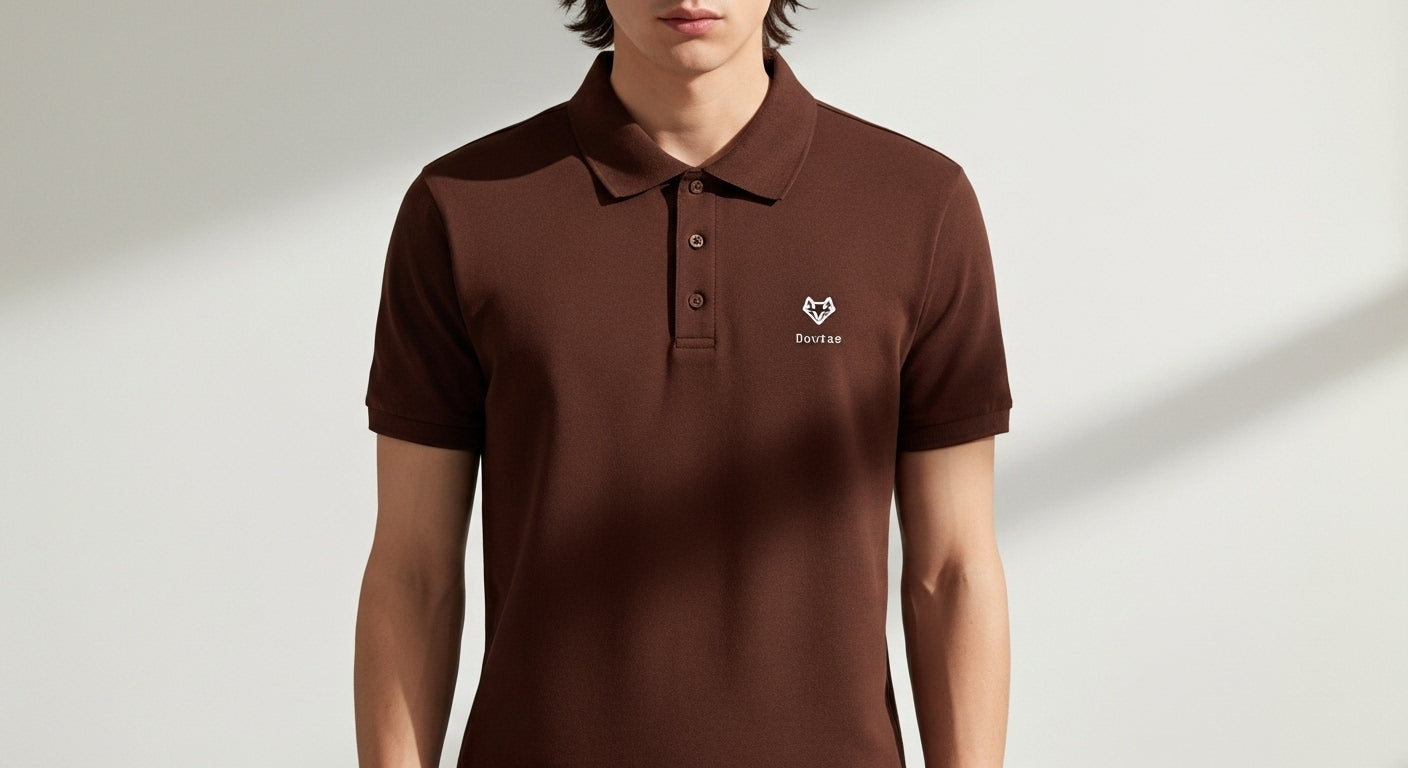 Person wearing a brown polo shirt with a logo on a light gray background