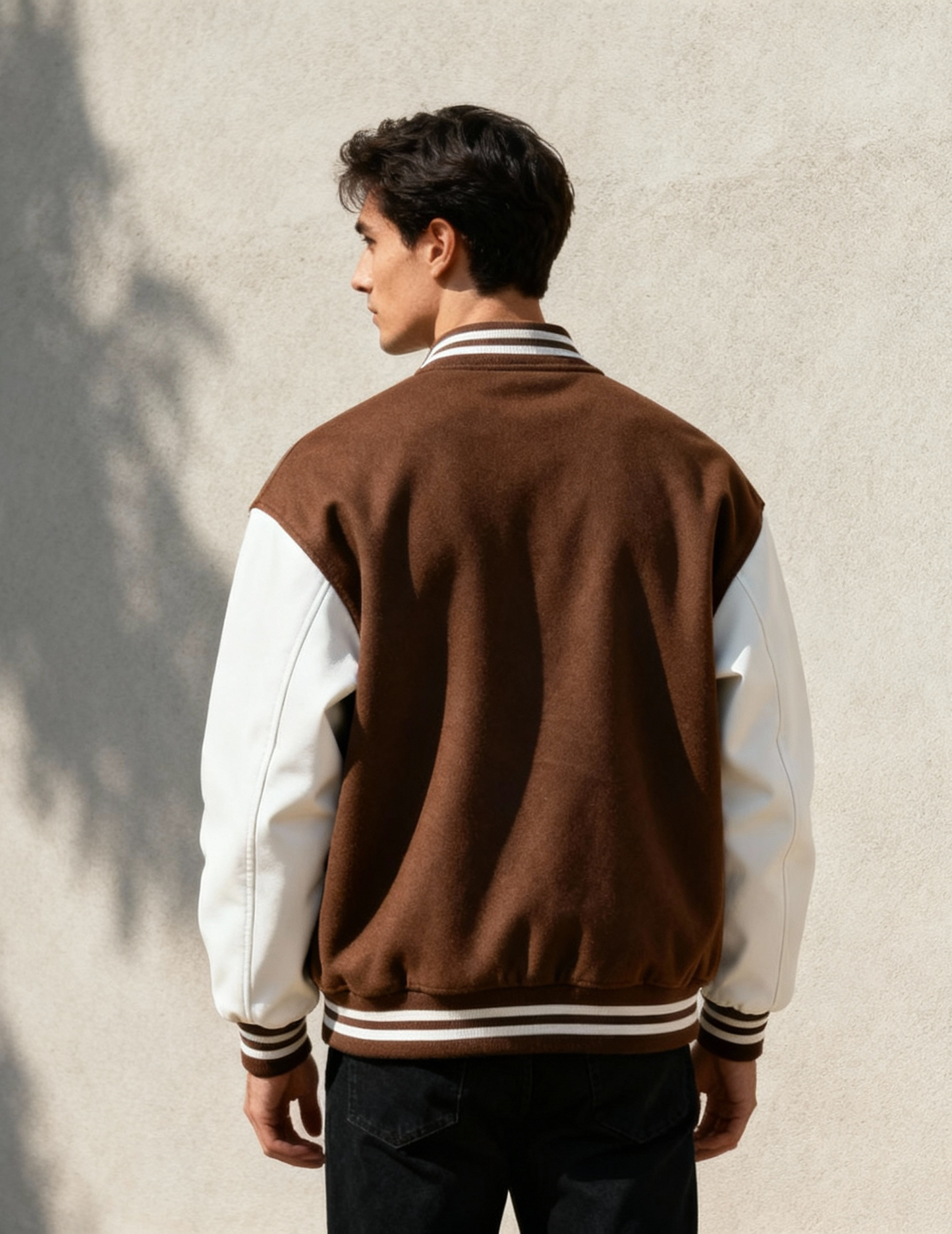 Person wearing a brown and white varsity jacket against a plain wall.