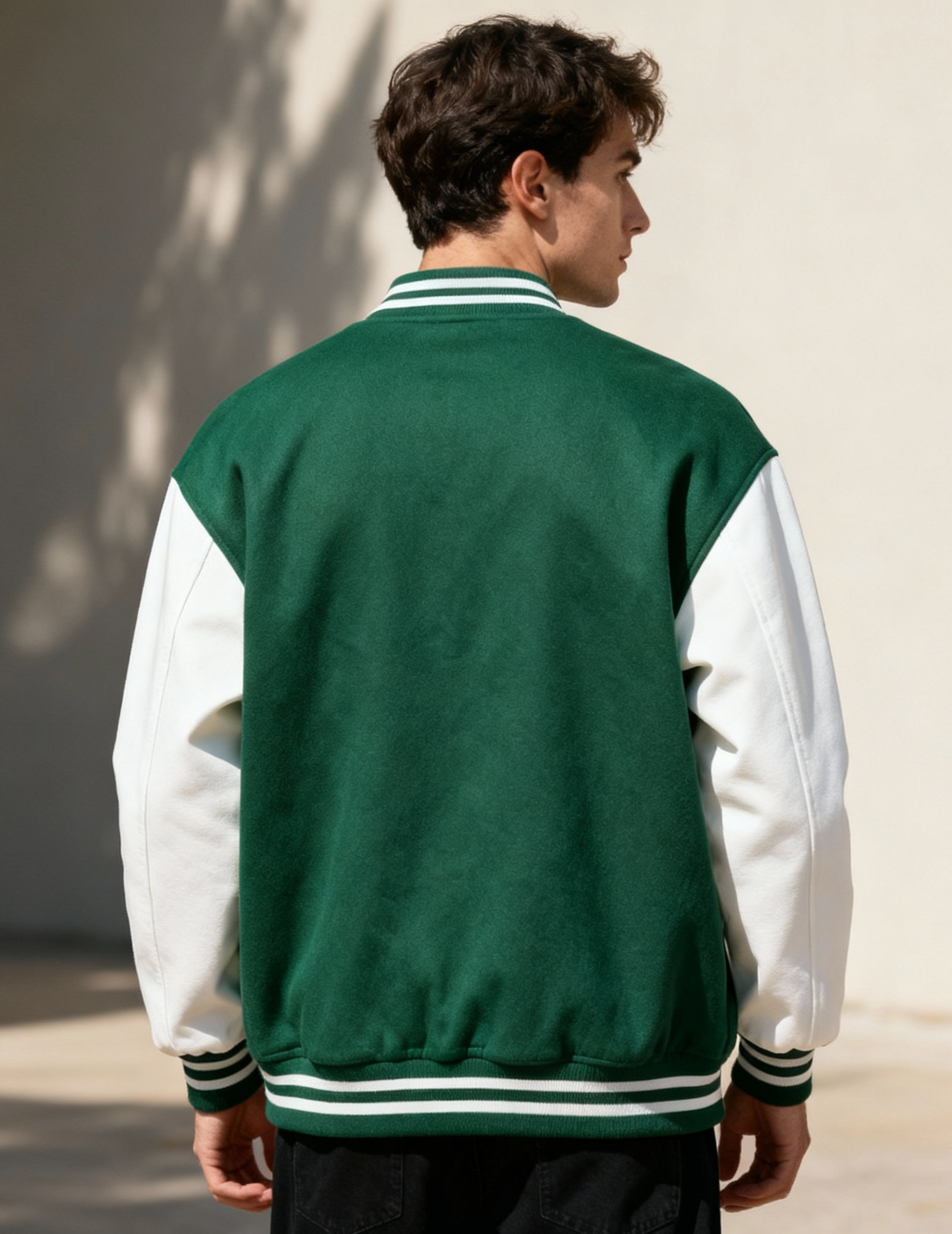 Person wearing a green and white varsity jacket against a neutral wall.