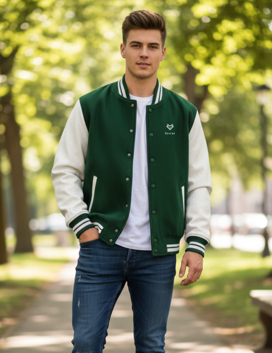 Man wearing a green and white varsity jacket in a park setting