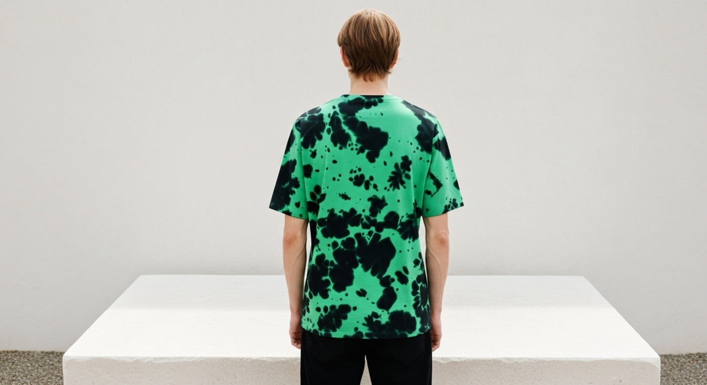 Person wearing a green and black patterned shirt standing on a white platform with a plain background
