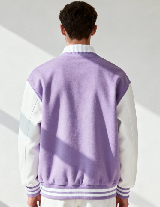 Person wearing a purple and white varsity jacket with a plain background