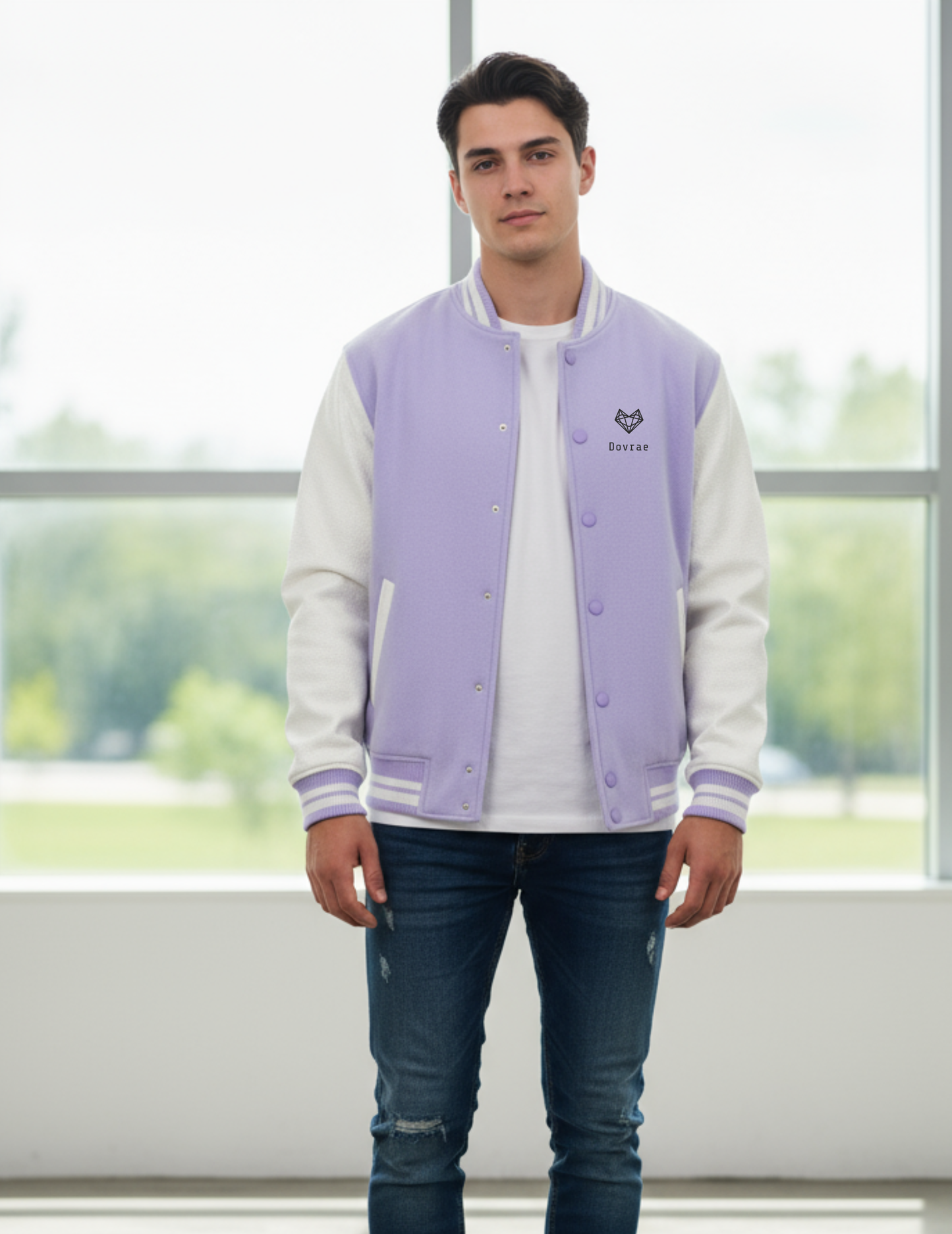 Person wearing a light purple and white varsity jacket with a logo, standing indoors with a window in the background.