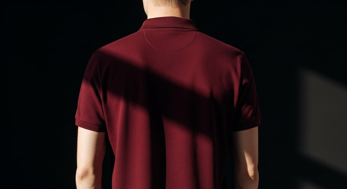 Person wearing a maroon polo shirt against a dark background