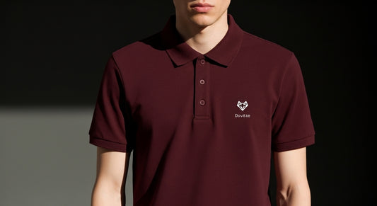 Maroon polo shirt with a logo on a dark background