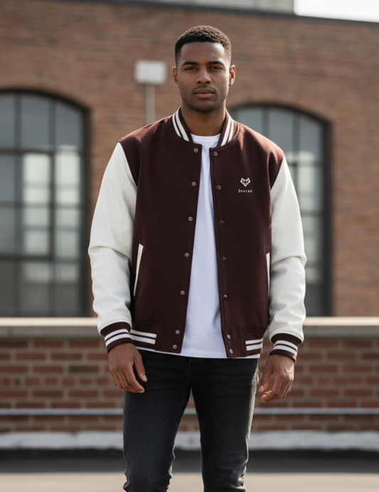 Man wearing a Maroon and white varsity jacket in front of a brick building