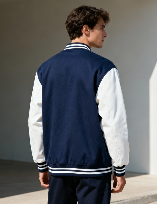 Person wearing a navy and white varsity jacket against a plain wall.