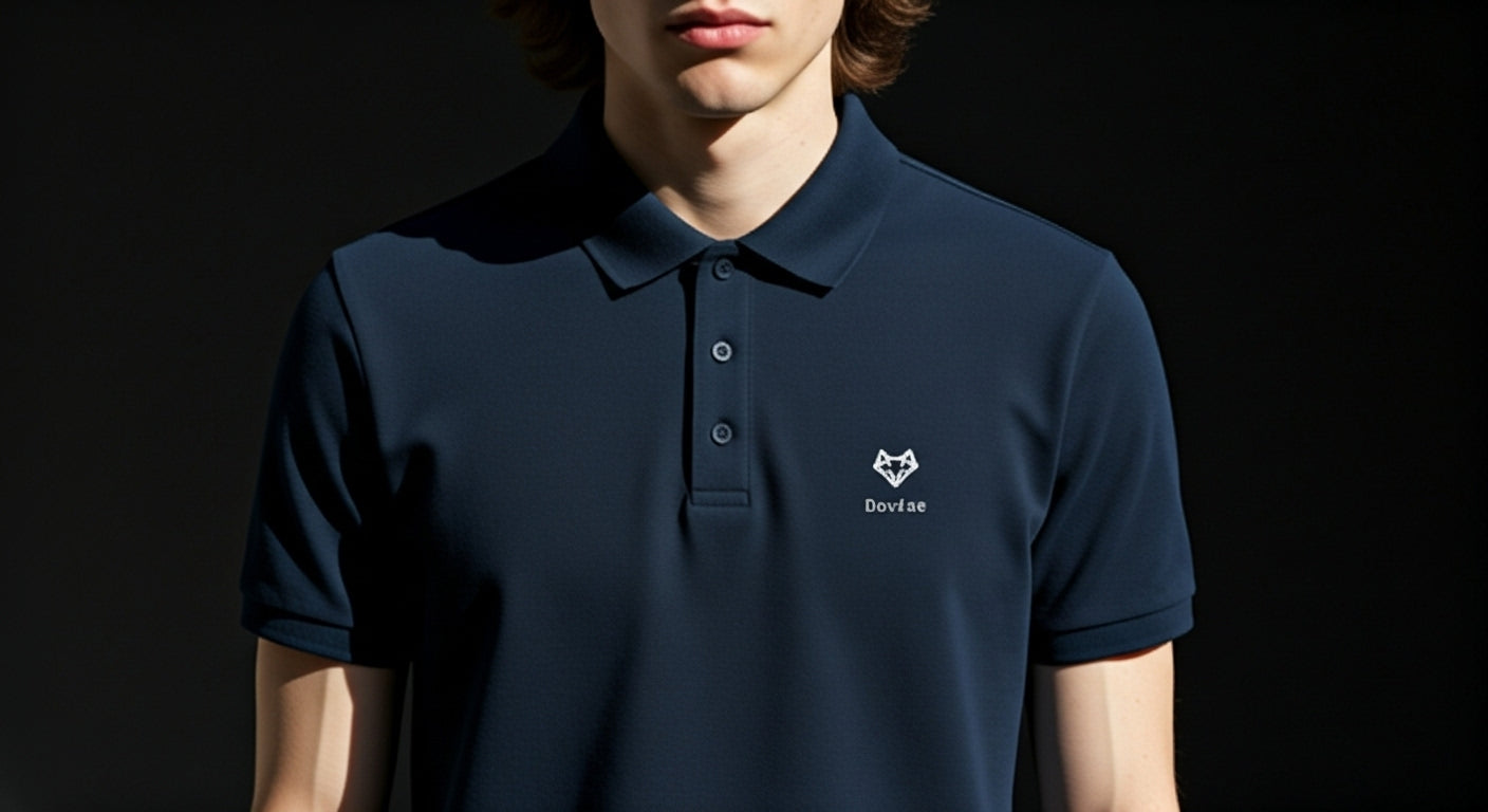 Person wearing a navy blue polo shirt with a logo on a black background