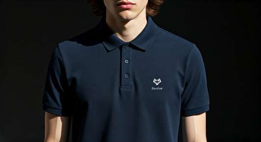 Person wearing a navy blue polo shirt with a logo on a black background