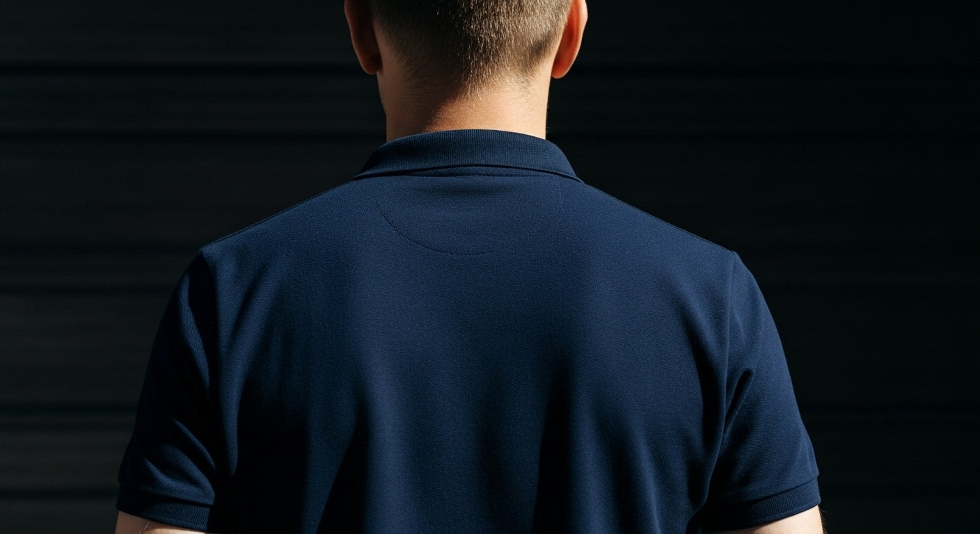 Man wearing a blue polo shirt against a black background