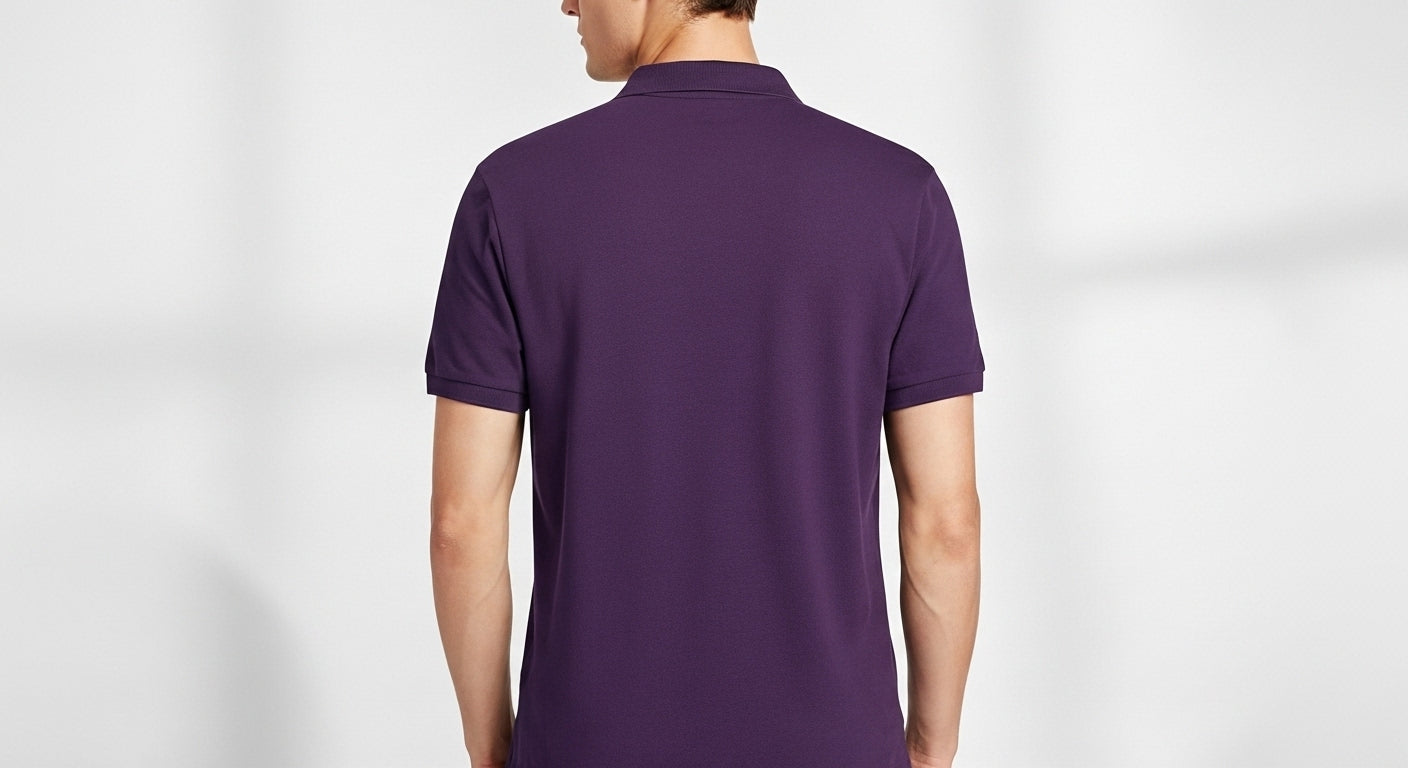 Person wearing a purple polo shirt on a plain background