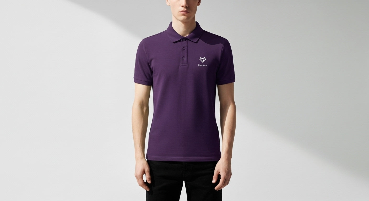 Person wearing a purple polo shirt with a logo on a light gray background