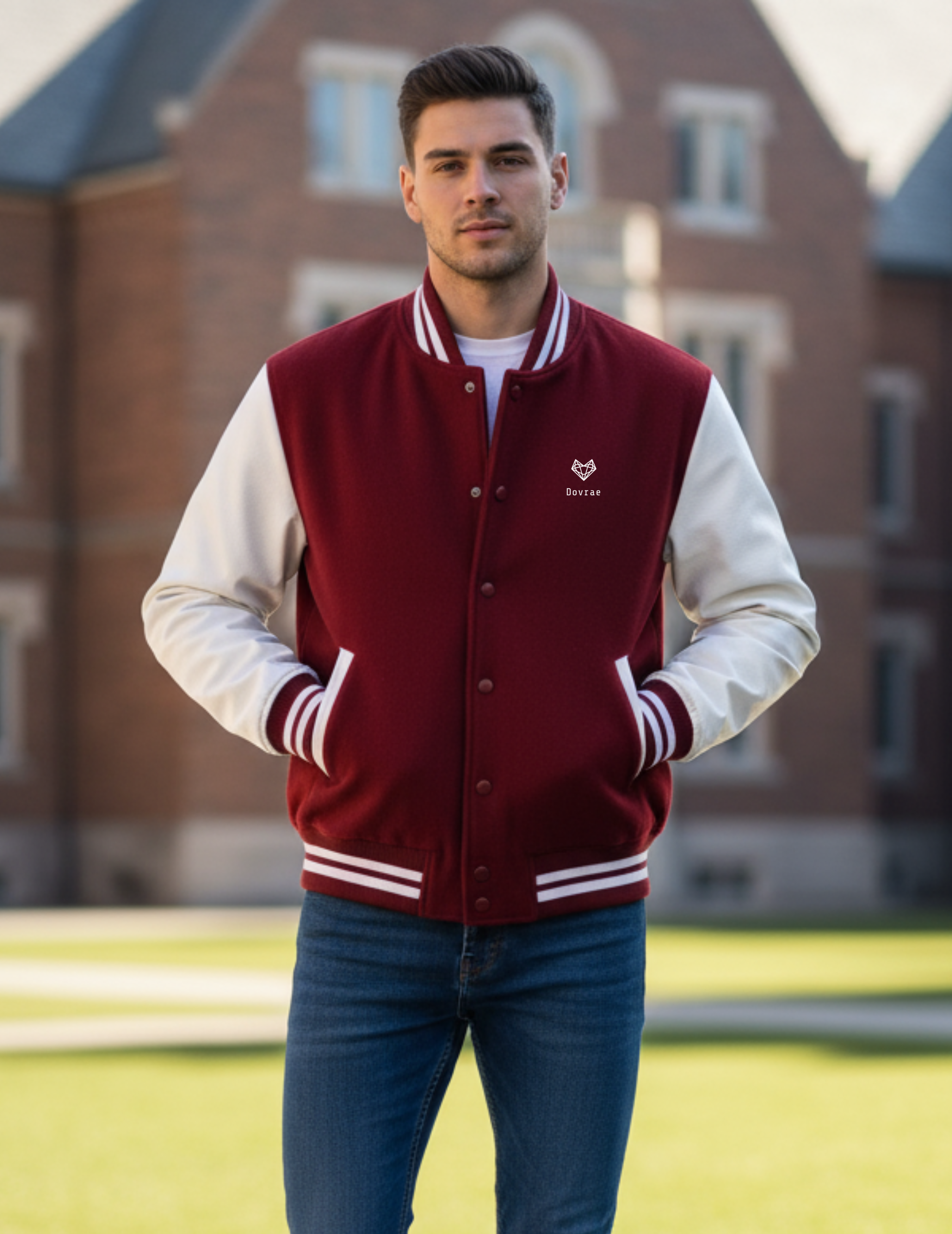 Man wearing a maroon and white letterman jacket in front of a brick building.