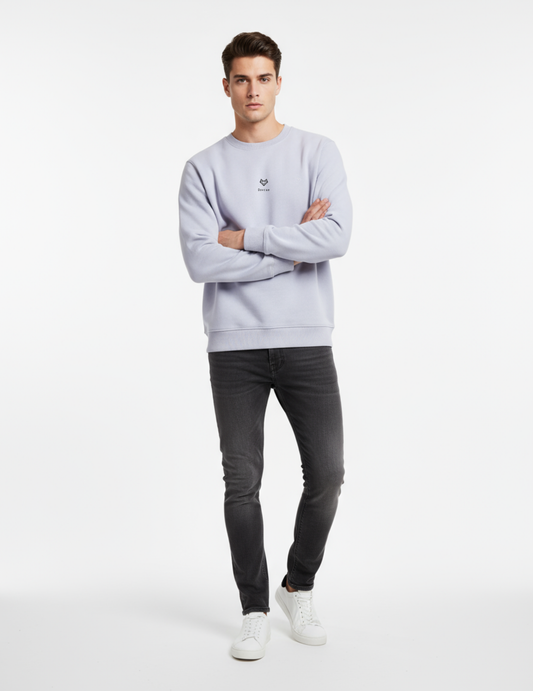 Man wearing a Lavender sweatshirt and dark jeans standing against a white background