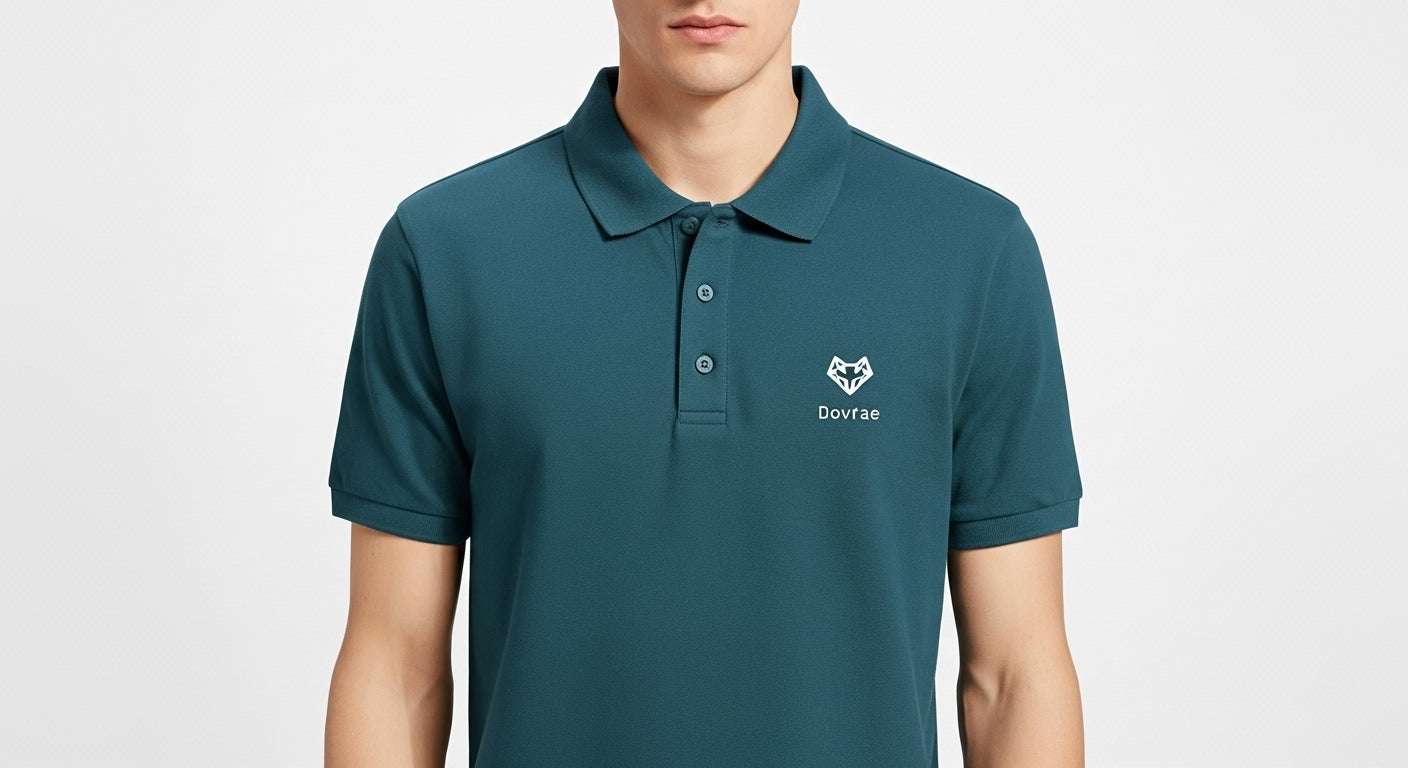Teal polo shirt with a logo on a white background