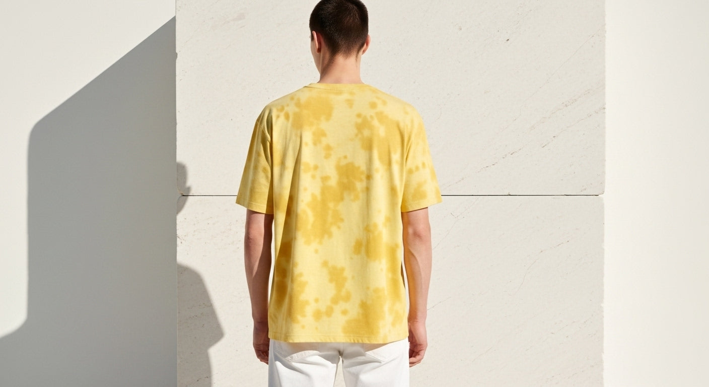 Person wearing a yellow tie-dye shirt standing against a light-colored wall.