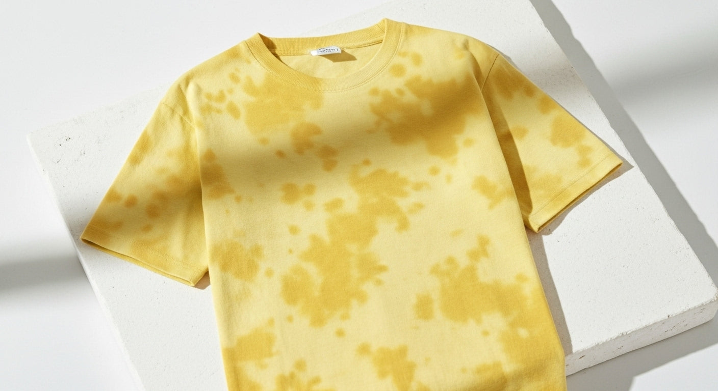 Yellow tie-dye t-shirt on a light gray background