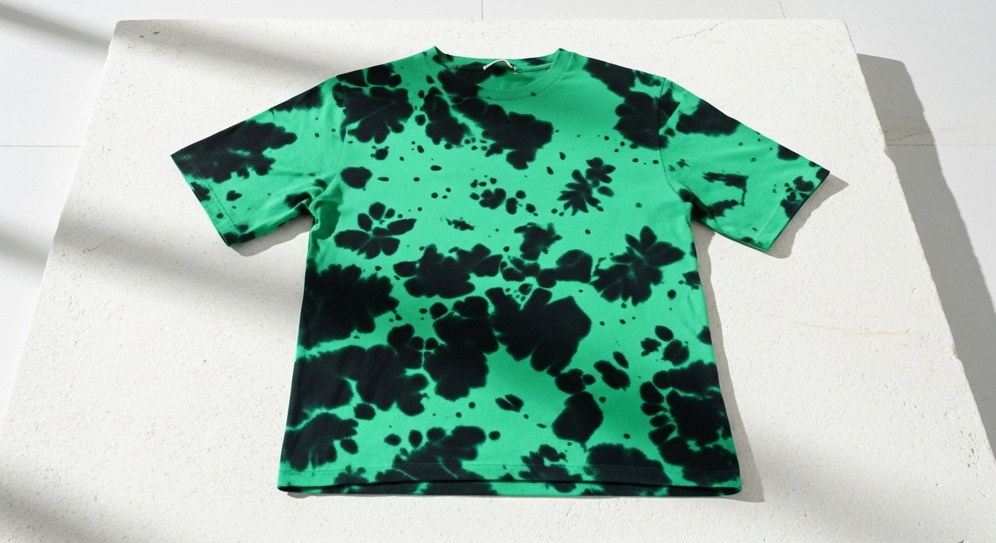 Green t-shirt with black abstract pattern on a white background